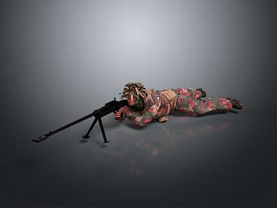 Game and Movie Character Lying Prone With Sniper Rifle Tripod In Camouflage Uniform 3d model