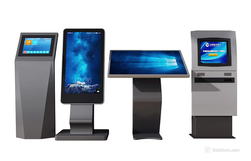 Public Facilities Showcasing Modern Self Service Kiosks With Touchscreen Terminals And Various Designs 3d model 