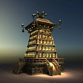 Traditional Tiered Tower With Illuminated Lanterns Multiple Levels And Decorative Top Stairs