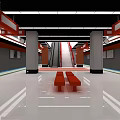 Modern Station Interior With Escalators Colorful Floor Columns Red White Green Yellow Lines