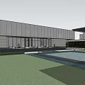Modern Sales Office Building With Landscaped Greenery Parking Area And Water Features