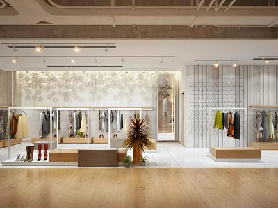 Modern Clothing Store Interior With Hanging Garments Decorative Walls And Wooden Floors 3d model