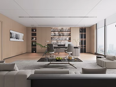 Modern Spacious Office Interior Design With Wooden Bookshelves Sofa And Floor to Ceiling Windows 3d model