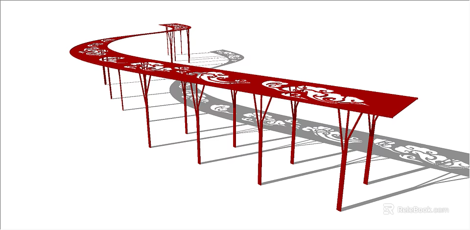 Red Curved Pergola With Ornate Laser Cut Patterns And Support Columns 3d model