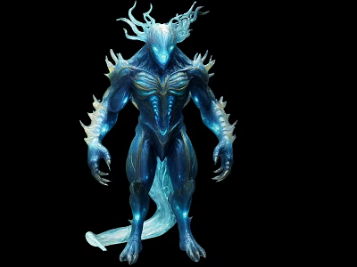 Blue Glowing Mythical Game Movie Character With Horns Scaled Armor And Luminous Tail 3d model