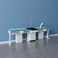 Functional Table with White and Green Design Blue Background Wall Drawers and Central Faucet Structure