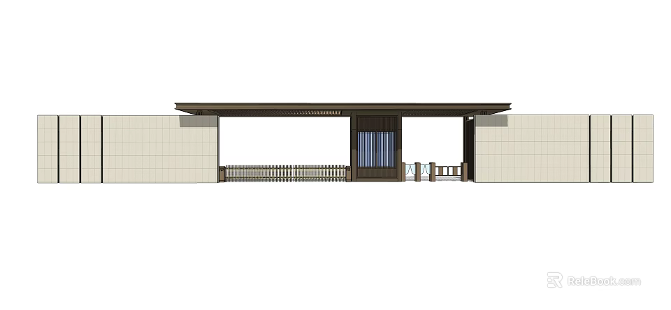 Modern Entrance Gate Design With Extended Eave Light Colored Side Walls And Dark Frame 3d model