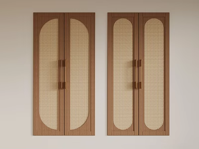 Symmetrical Wooden Double Doors With Arched Mesh Panels And Metal Handles 3d model