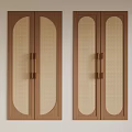 Symmetrical Wooden Double Doors With Arched Mesh Panels And Metal Handles