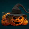 Halloween Decoration With Jack o Lantern Wearing Black Witch Hat And Small Pumpkins