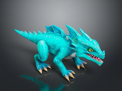 Turquoise Dragon Toy With Green Eyes Sharp Claws Open Mouth And Scaly Body 3d model