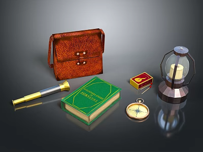 Vintage Adventure Items Including Leather Bag Green Book Compass Lantern Telescope And Box 3d model