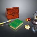 Vintage Adventure Items Including Leather Bag Green Book Compass Lantern Telescope And Box