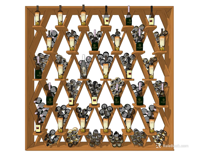 Wooden Wine Cabinet With Multi Layered Grid Design For Wine Bottles And Glasses 3d model 