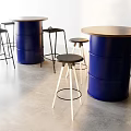 Modern Interior Bar Counter With Blue Barrel Base Wooden Top And Bar Stools
