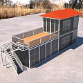 Two Story Container Building With Red Roof Balcony Railing Staircase And Large Windows