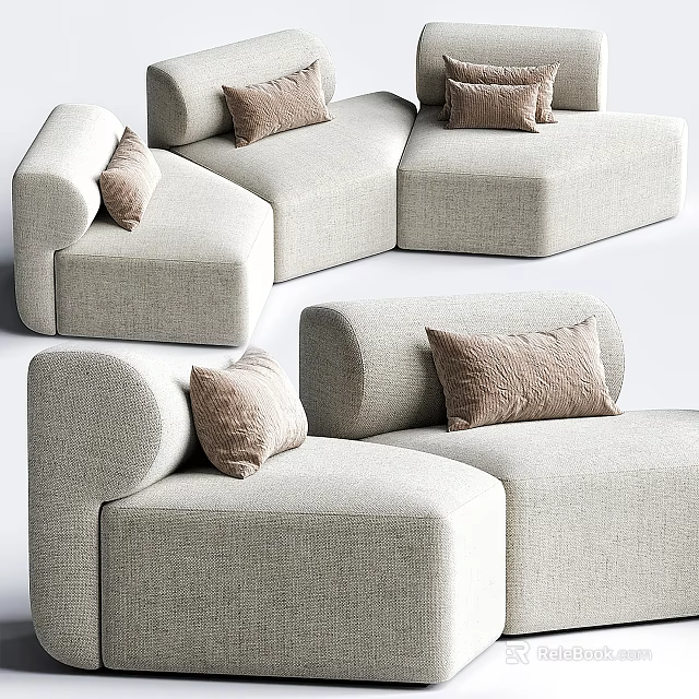 Modern L Shaped Sectional Sofa With Light Beige Fabric And Brown Decorative Pillows 3d model 
