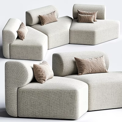 Modern L Shaped Sectional Sofa With Light Beige Fabric And Brown Decorative Pillows 3d model