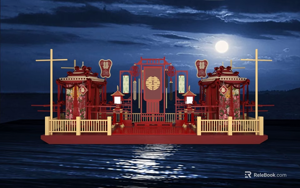 Chinese Red Boat Shaped Stage in Night With Full Moon Lanterns And Double Happiness 3d model 