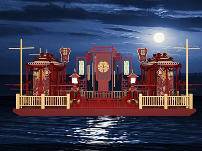 Chinese Red Boat Shaped Stage in Night With Full Moon Lanterns And Double Happiness 3d model