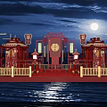 Chinese Red Boat Shaped Stage in Night With Full Moon Lanterns And Double Happiness
