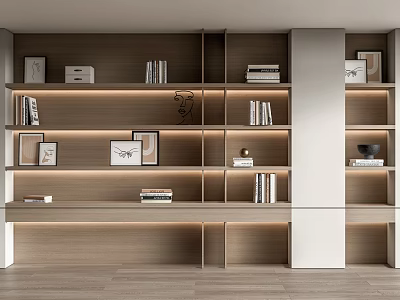 Modern Wooden Bookshelf With Open Shelves Books Photo Frames And LED Lighting 3d model