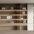 Modern Wooden Bookshelf With Open Shelves Books Photo Frames And LED Lighting