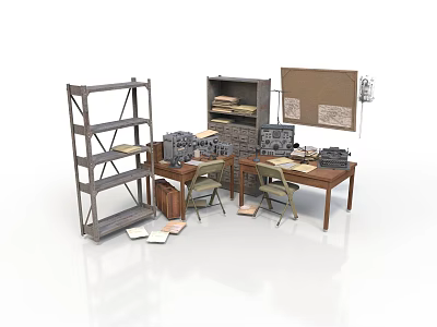 Vintage Workspace With Metal Shelves File Cabinet Bulletin Board Tables Typewriters And Papers 3d model