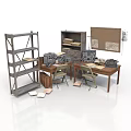 Vintage Workspace With Metal Shelves File Cabinet Bulletin Board Tables Typewriters And Papers