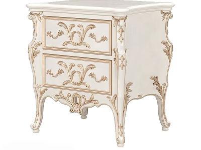 Elegant White Bedside Table With Ornate Carved Details And Two Drawers 3d model