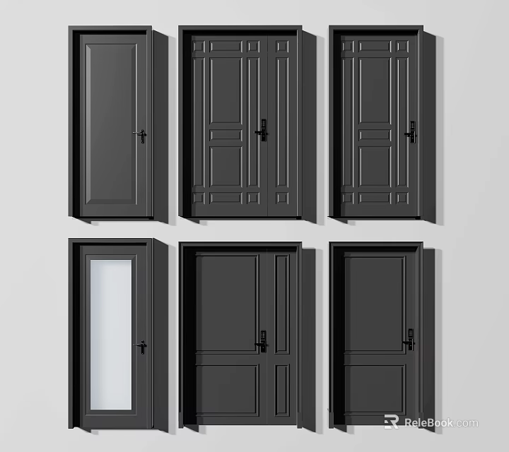 Various Black Hinged Door Designs With Panel And Glass Options For Home Use 3d model