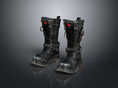 Black Lace Up Boots With Red Accents Metal Buckles And Thick Durable Soles 3d model