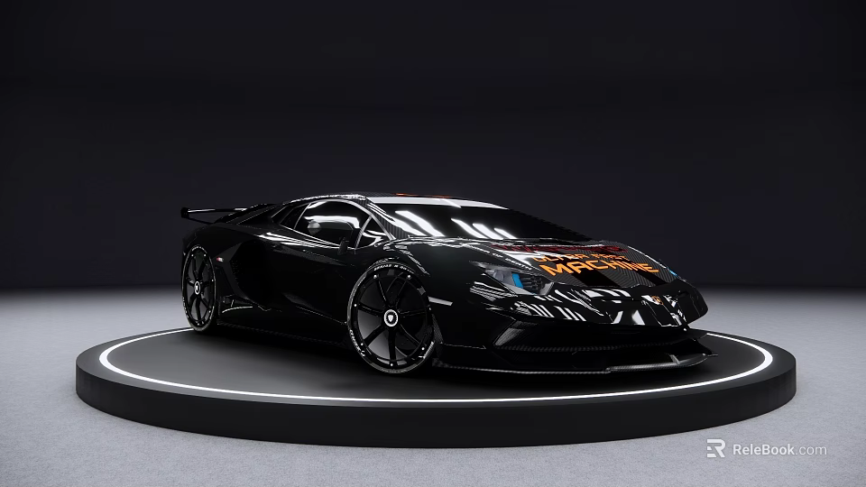 Black Sports Car with Aerodynamic Design on Circular Display Platform 3d model 