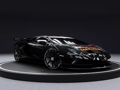 Black Sports Car with Aerodynamic Design on Circular Display Platform 3d model