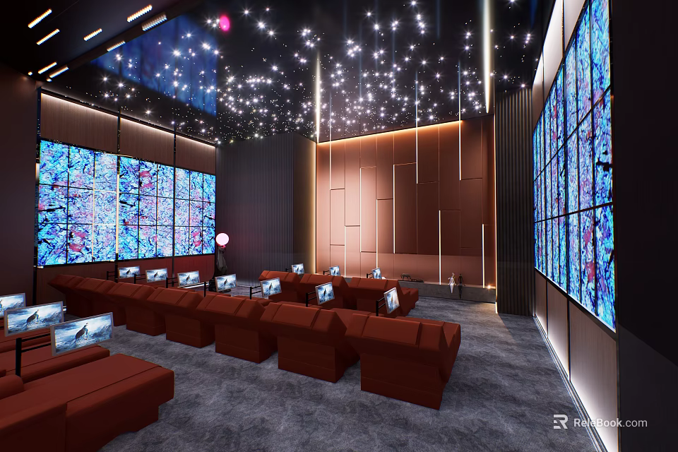 Home Theater Room Interior With Multiple Screens Red Seats And Ceiling Lights 3d model 