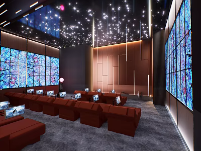 Home Theater Room Interior With Multiple Screens Red Seats And Ceiling Lights 3d model