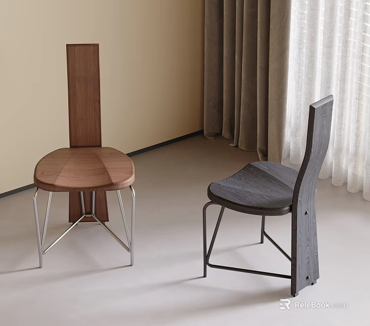 Two Brown And Gray Dining Chairs With Wooden Seats And Metal Legs In Modern Interior 3d model 
