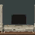 Elegant White Carved TV Stand with Glass Display Cabinets and TV on Top