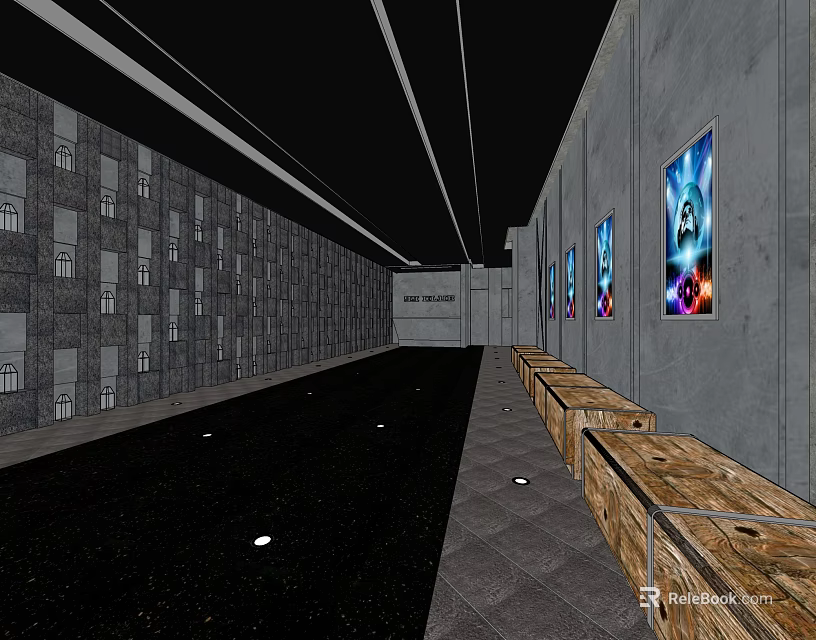 Modern Movie Theater Interior With Wooden Seats Wall Posters And Gray Walls 3d model 