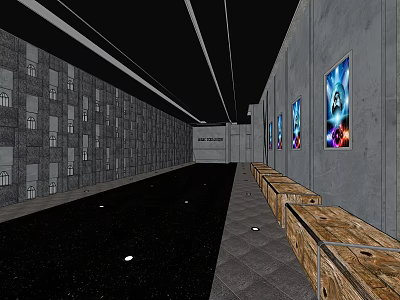 Modern Movie Theater Interior With Wooden Seats Wall Posters And Gray Walls 3d model