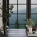 Green Plants In Glass And White Vases On Window Sill With Mountain View Window Grilles