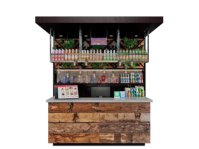 Rustic Wooden Reception Desk With Upper Shelves Displaying Beverage Bottles And Green Plants 3d model