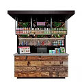Rustic Wooden Reception Desk With Upper Shelves Displaying Beverage Bottles And Green Plants