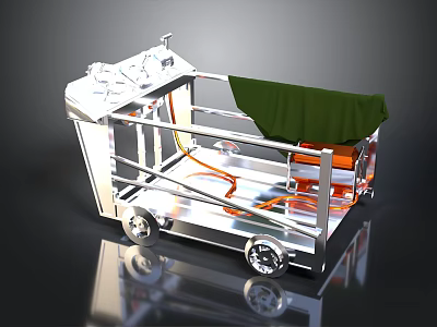 Silver Metal Wheeled Cart With Green Cover And Metal Frame Structure 3d model