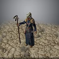 Man In Traditional Clothing With Headdress Holding Decorative Staff On Cracked Earth