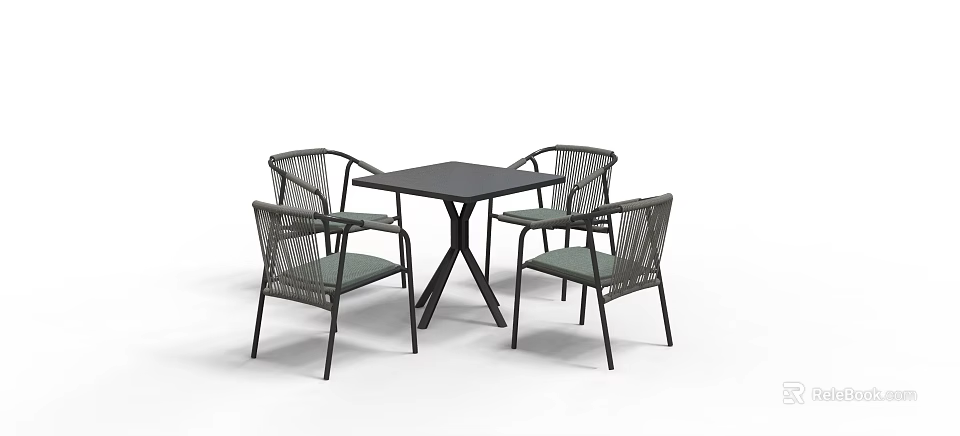 Modern Square Table With Four Woven Cushioned Dark Chairs Set 3d model