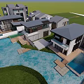 Modern Luxury Townhouse Exterior With Waterfront Pool Outdoor Terrace And Large Glass Windows