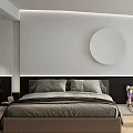 Modern Bedroom Interior Design With Cozy Bed Wooden Floor And Round Decorative Art