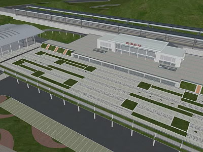 Modern Train Station Architecture Featuring Platforms Roof Structure And Green Landscaping 3d model