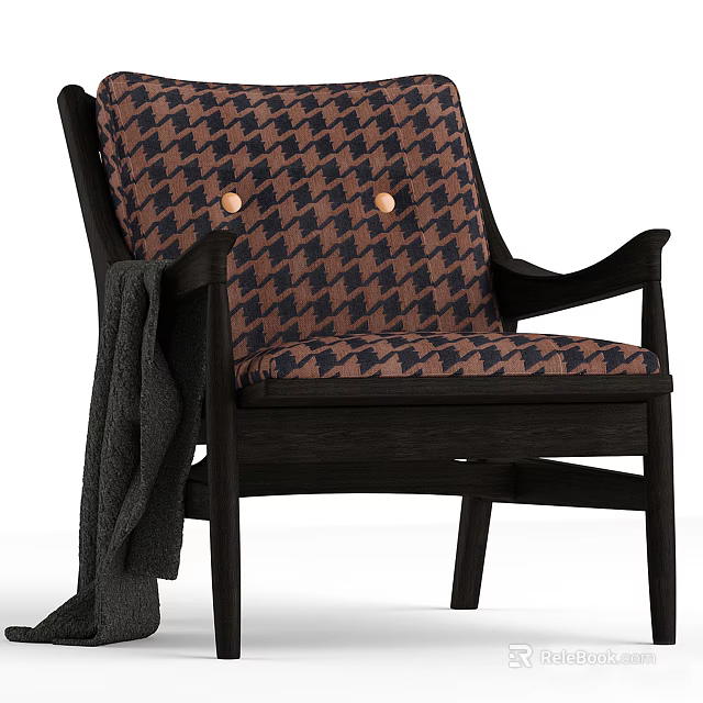Classic Houndstooth Pattern Armchair With Brass Buttons Wooden Armrests And Dark Blanket 3d model 